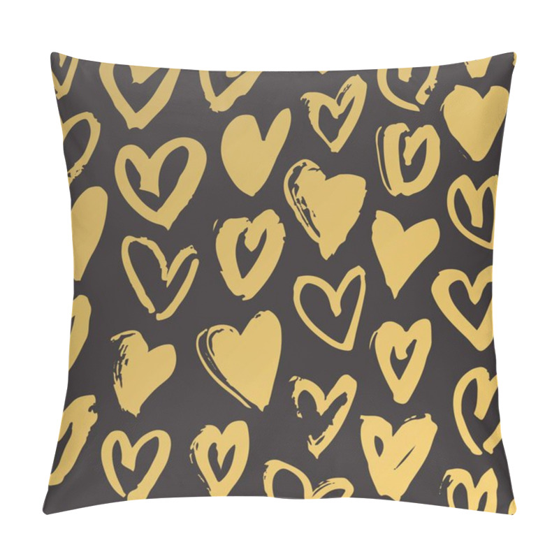 Personality  Hand Drawn Paint Seamless Pattern. Black And Gold Hearts Background. Abstract Brush Drawing. Grunge Vector Art Illustration Pillow Covers