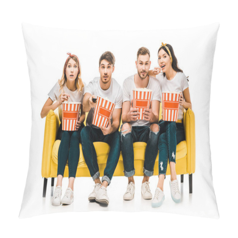 Personality  Young Friends Holding Popcorn Boxes And Watching Tv While Sitting On Yellow Sofa Isolated On White   Pillow Covers