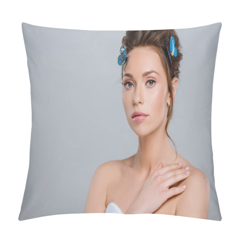 Personality  Beautiful Girl With Decorative Butterflies On Hair Isolated On Grey  Pillow Covers