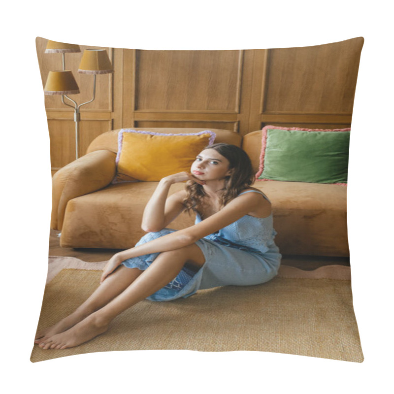 Personality  Beautiful Young Woman Wearing Blue Dress In Retro Room. High Quality Photo Pillow Covers