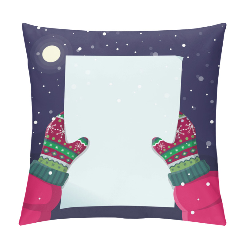 Personality  Two Hands Hold A Letter. Hands In Knitted Mittens Keep An Empty Piece Of Paper. Make A Wish. Winter Snowy Theme. Cozy Magic Christmas Night. Pillow Covers