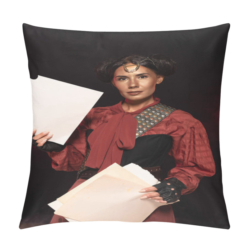 Personality  Attractive Steampunk Young Woman Holding Papers On Black Pillow Covers