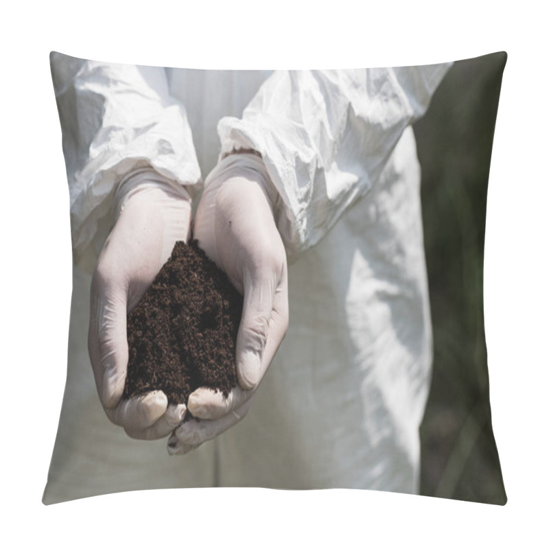 Personality  Partial View Of Ecologist In Latex Gloves Holding Handful Of Soil Pillow Covers