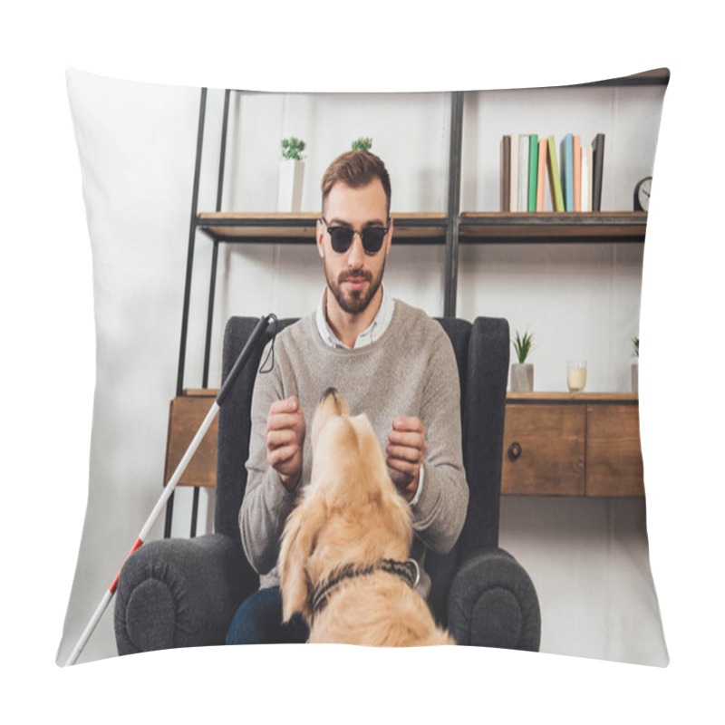 Personality  Visually Impaired Man Playing With Golden Retriever At Home Pillow Covers