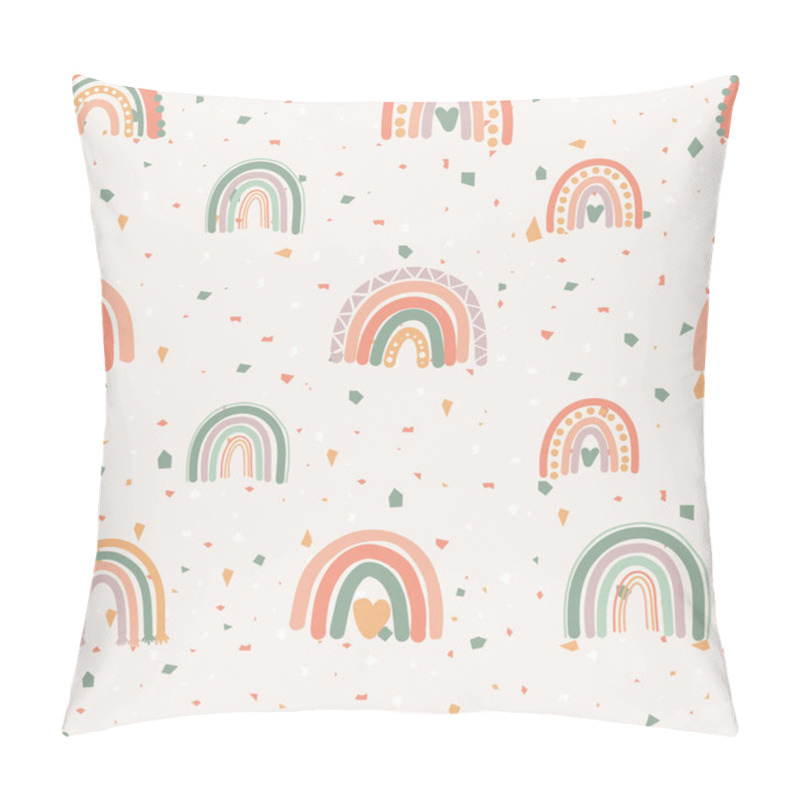 Personality  Abstract Seamless Background With Terrazzo And Simple Geometric Rainbows. Simple Striped Arc Bows On A Colorful Mosaic Texture. Childrens Vector Background In Scandinavian Style In Bright Multicolor Pillow Covers