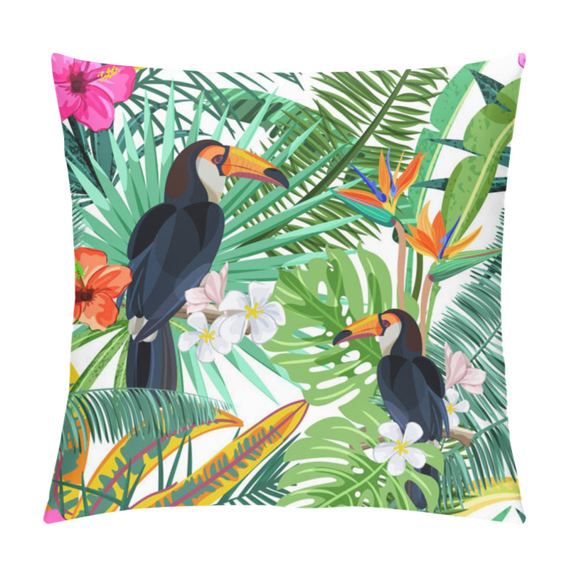 Personality  Vector Seamless Pattern With Green Tropical Palm Leaves, Hibiscus Flowers And Bird Toucan. Nature Background. Summer Or Spring Trendy Design Elements For Fashion Textile Prints And Greeting Cards. Pillow Covers