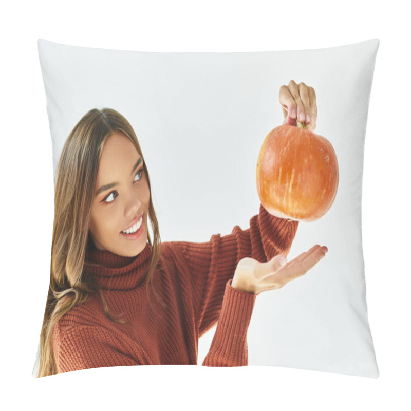 Personality  A Cheerful Woman Joyfully Holds A Small Pumpkin, Embracing The Festive Spirit Of Halloween. Pillow Covers