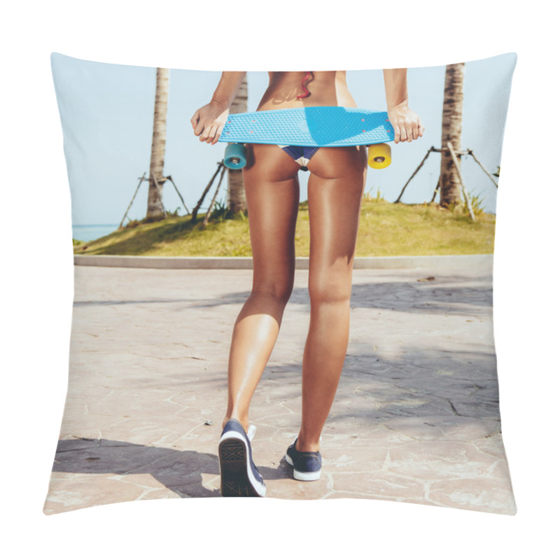 Personality  Sexy Suntanned Lady Staying With Blue Penny Board On The Streat Pillow Covers