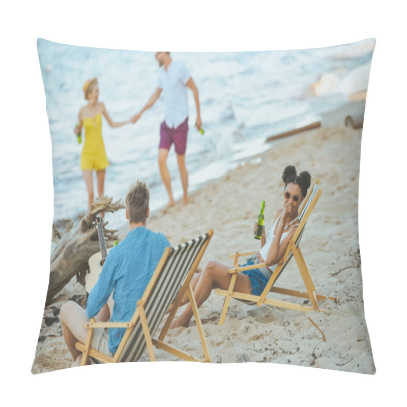 Personality  Selective Focus Of Multicultural Young Friends Spending Time Together On Sandy Beach Pillow Covers