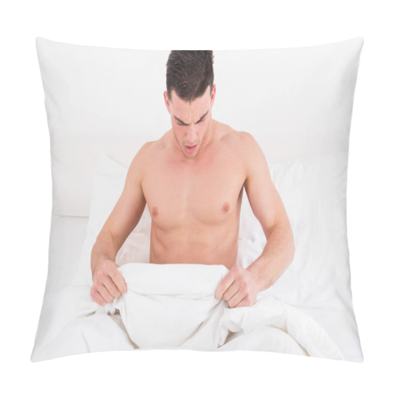 Personality   Half Naked Young Man In Bed  Looking Down At His Underwear Pillow Covers