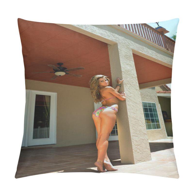 Personality  Barefoot Fitness Model Posing Pretty Outside Of Old Fashioned House Wearing Bikini Pillow Covers