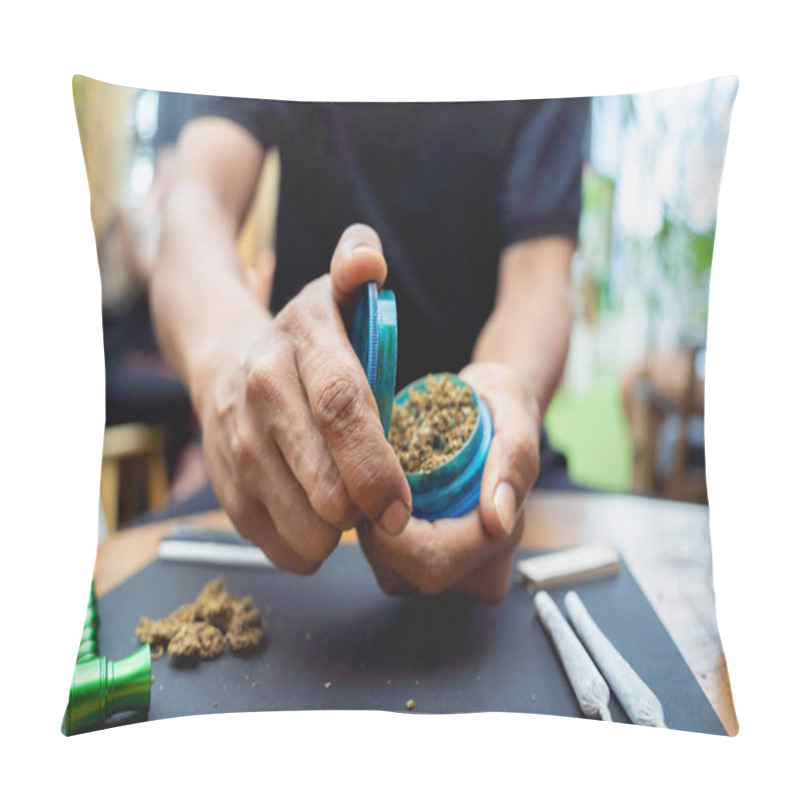 Personality  Young Man Making Cigarettes With Medical Marijuana. Pillow Covers