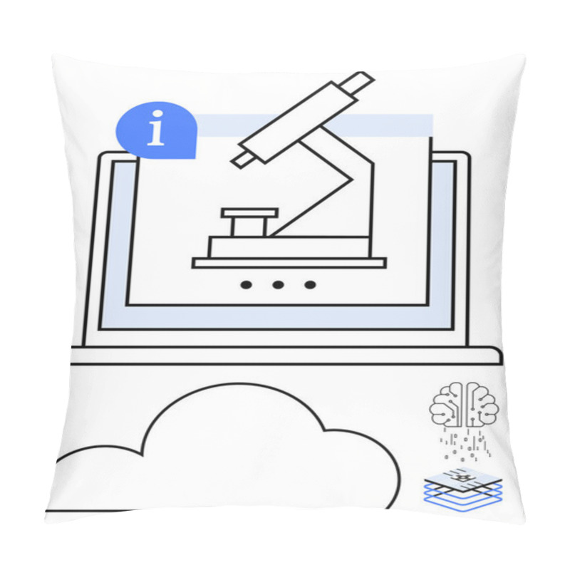 Personality  Laptop Displaying A Microscope, Information Icon, Cloud Shape, AI Brain With Data Stack. Ideal For Education, Technology, Cloud Computing, AI Research Data Analysis Innovation. Line Metaphor Pillow Covers