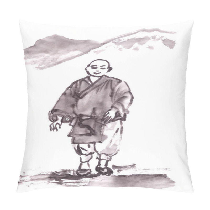 Personality  Buddhist Monk In A Monastery Ink Drawing In Chinese Style. High Quality Illustration Pillow Covers