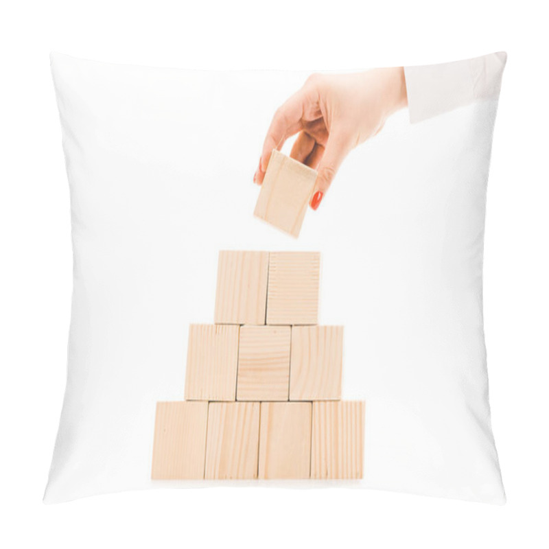 Personality  Partial View Of Woman Picking Up One Wooden Block With Copy Space From Pyramid Isolated On White Pillow Covers