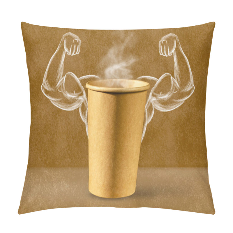 Personality  Power Coffee. Cup Of Coffee On The Background Of Depicted Muscles On Chalkboard. Strong Power, Muscle Arms. Power Concept. Pillow Covers