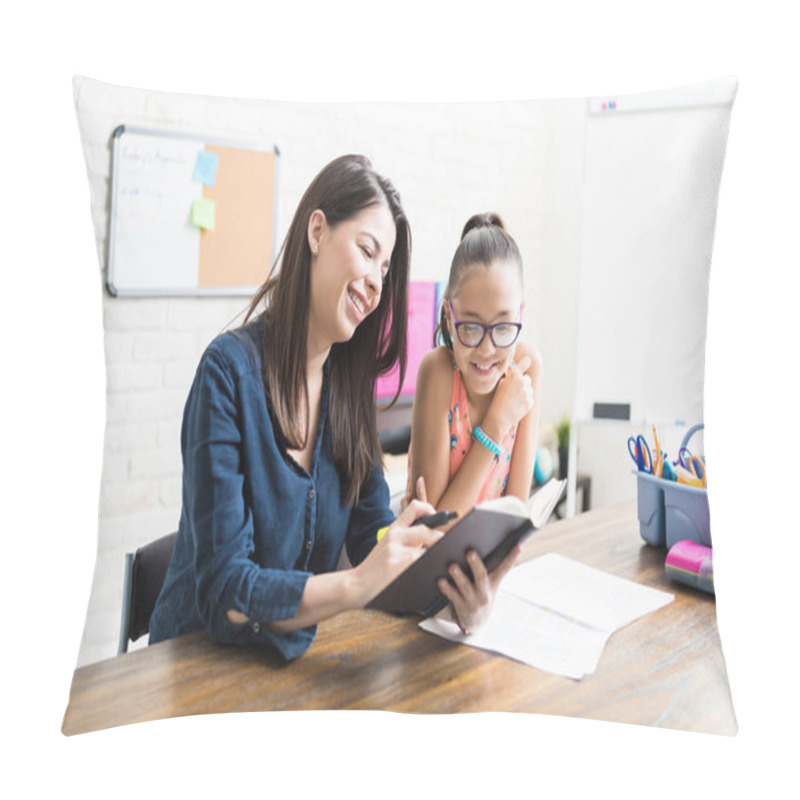 Personality  Confident Mid Adult Mother Reading Book To Girl At Table In House Pillow Covers