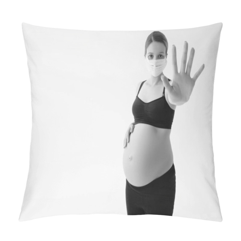 Personality  Pregnant Woman Wearing Face Mask Protective For Spreading Of Disease Virus. A Pregnant Woman Wears A Surgical Mask To Protect A COVID-19 Show Stop Sign Shape By Hand To Prevent Infection To The Fetus Pillow Covers