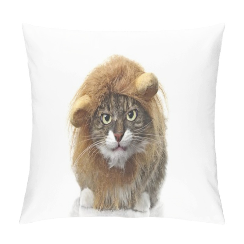 Personality   Longhair Cat Dressed Up As A Lion Looking Grumpy To The Camera. Isolated On White Background. Pillow Covers