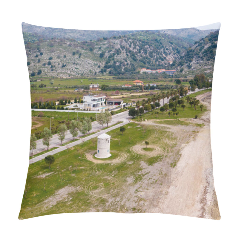 Personality  Coastal Windmill And Modern Villa Overlooking Serene Landscape. Pillow Covers