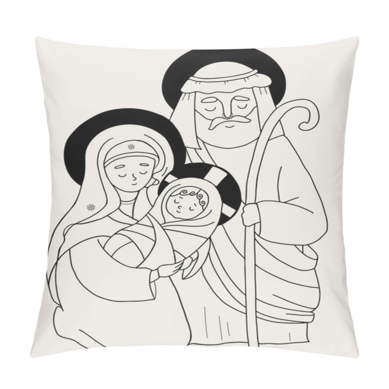 Personality  Nativity Of Jesus Christ. Vector Illustration Of Holy Family - Virgin Mary, Old Man Joseph And Baby Jesus. Linear Hand Draw, Outline. Merry Christmas Greeting Card, For Design, Decoration And Printing Pillow Covers