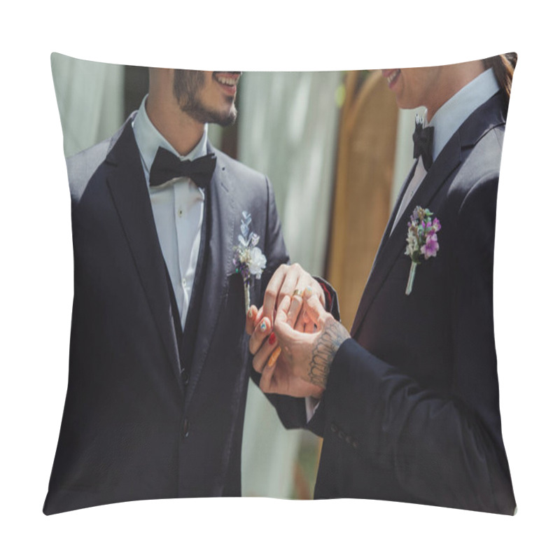 Personality  Cropped View Of Happy Gay Man Wearing Wedding Ring On Finger Of Cheerful Groom  Pillow Covers