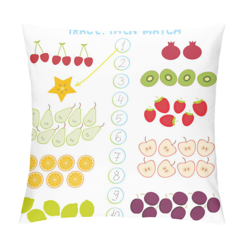 Personality  Kids Learning Number Material 1 To 10 Trace Then Match. Illustration Of Education Counting Game For Preschool Children Cherry Strawberry Carambola Kiwi Apple Pomegranate Lemon Orange Pear Plum. Vector Illustration Pillow Covers