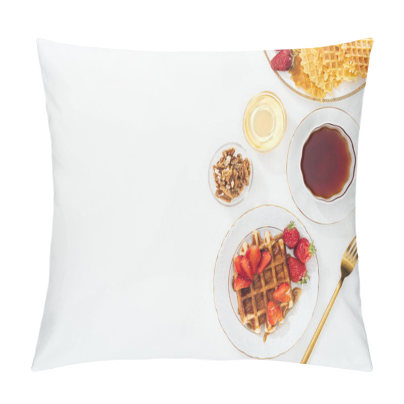 Personality  Top View Of Strawberries, Waffles And Tea On White Pillow Covers