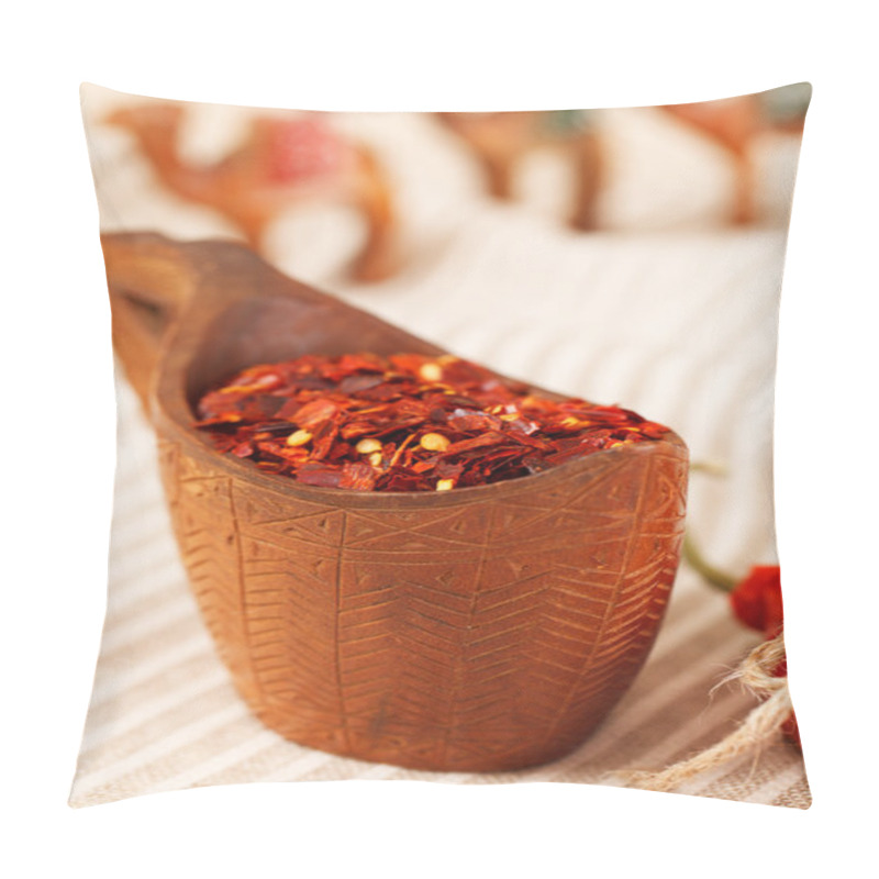 Personality  Red Chillies Paper Flakes In Curved Wooden Bowl And Camel Carava Pillow Covers