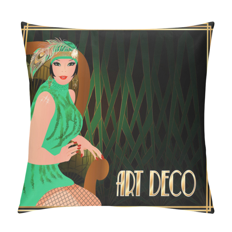 Personality  Flapper Woman In Armchair In Style Art Deco, Vector Illustration Pillow Covers