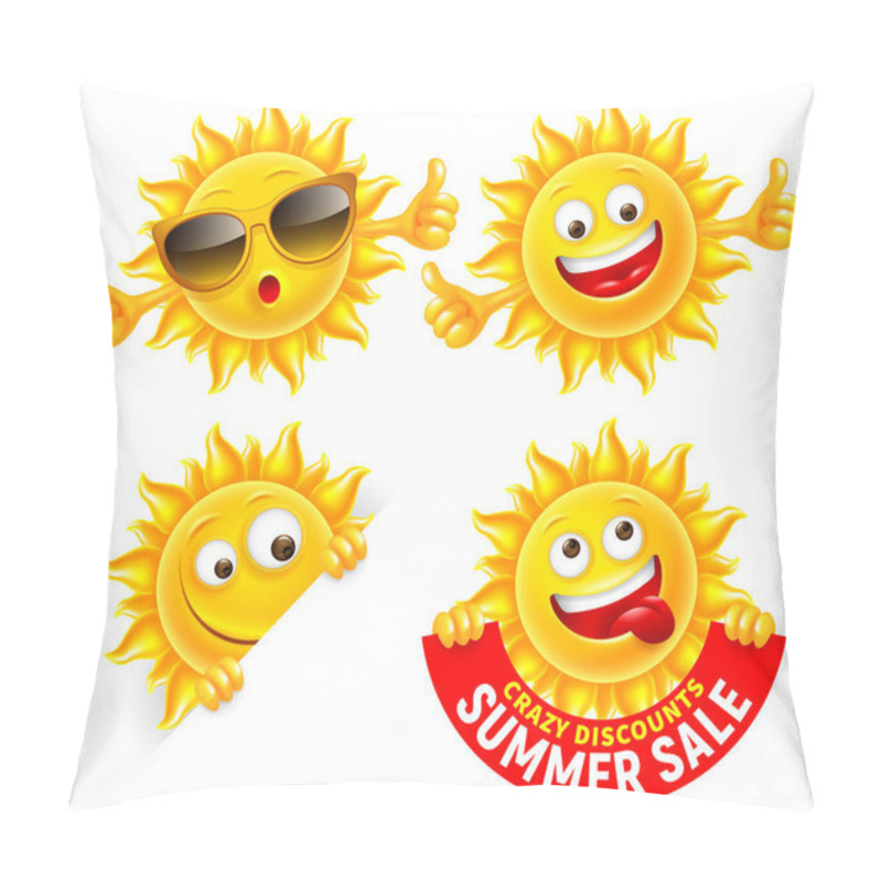 Personality  Set Of Cheerful Sun Characters. Showing Thumbs Up, Holding Summer Sale Banner, With Sunglasses. Bright Cartoon Elements For Advertising Design. Vector Illustration. Pillow Covers