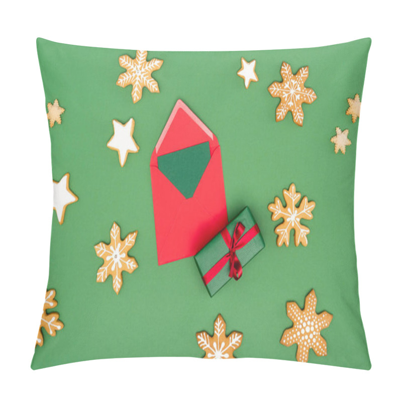 Personality  Top View Of Red Envelope With Card Near Gift Box, Baked Snowflakes And Stars On Green Pillow Covers