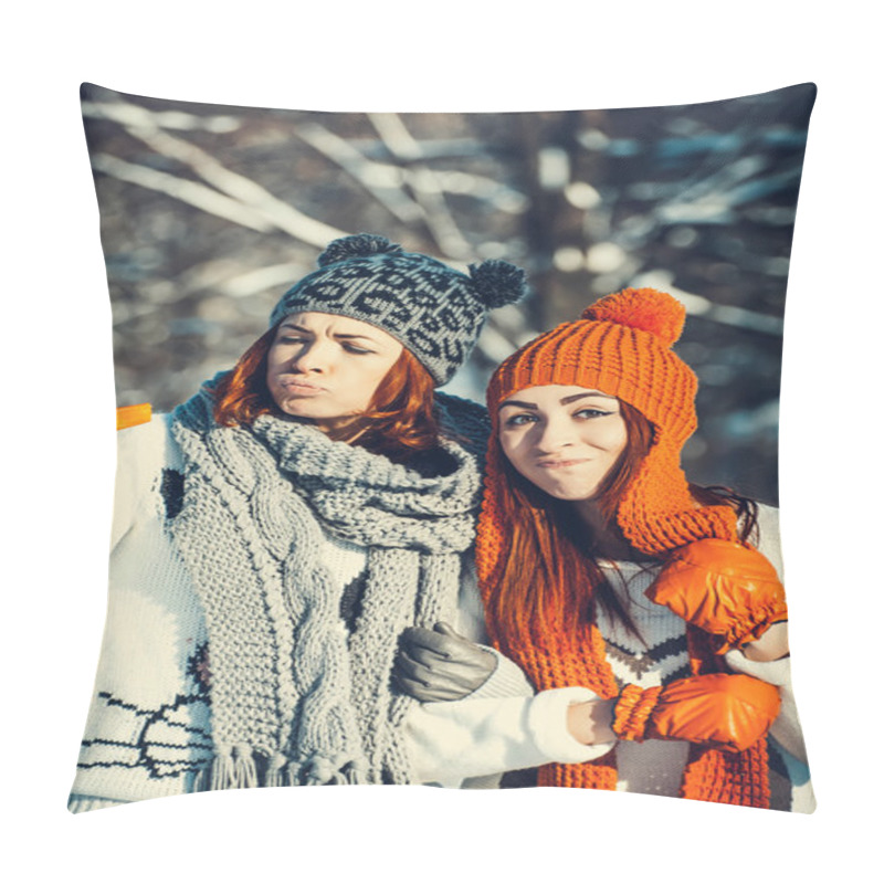 Personality  Two Girl Friends In Winter Outdoors Pillow Covers