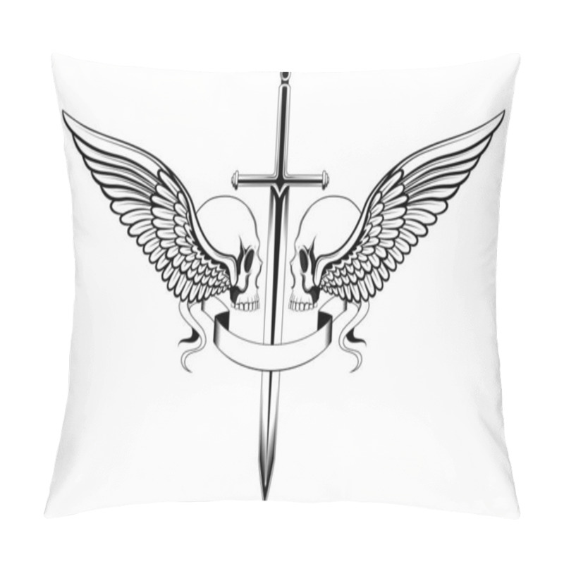 Personality  Skulls With Wings, Sword, Ribbon. Black And White Vector Image. Pillow Covers