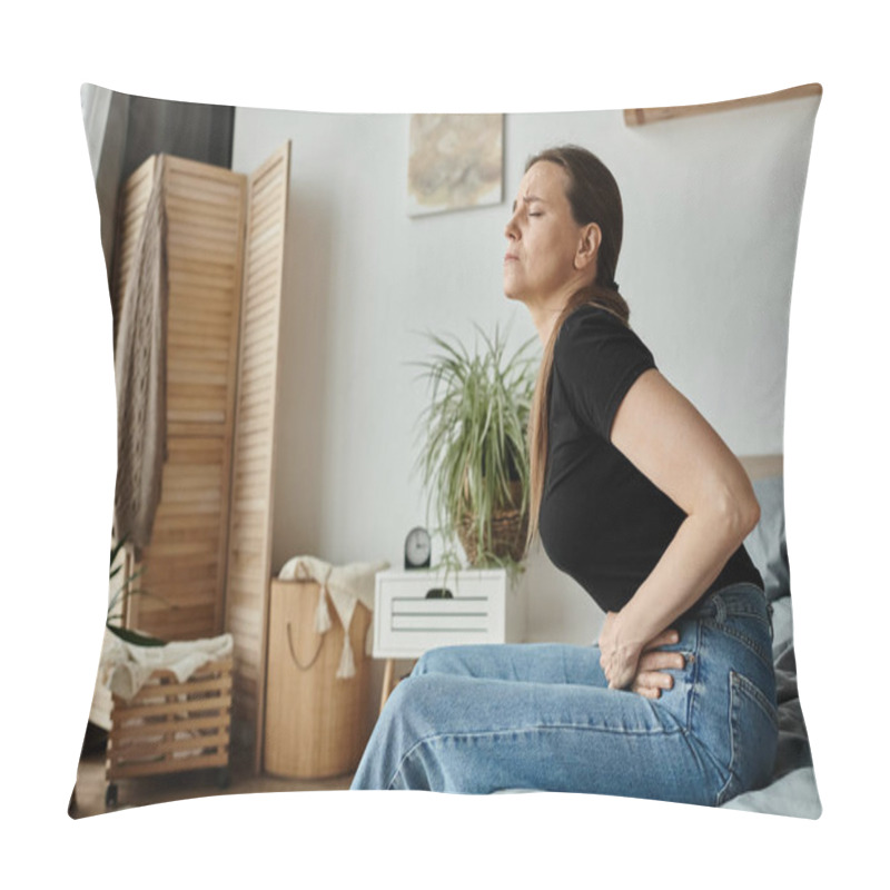 Personality  A Woman Sitting On A Bed, Visibly In Discomfort Due To Depression. Pillow Covers