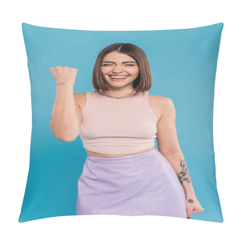 Personality  Summer Trends, Positive Young Woman With Short Hair In Tank Top And Skirt Showing Yes Gesture On Blue Background, Casual Attire, Gen Z Fashion, Personal Style, Nose Piercing, Excitement  Pillow Covers