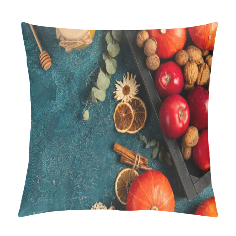 Personality  Thanksgiving Backdrop, Autumnal Harvest In Tray Near Honey And Aromatic Herbs On Blue Rustic Surface Pillow Covers