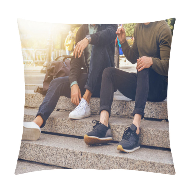 Personality  Lifestyle Photo Of Two Male Friends Sitting On The Steps In City Street And Talking Wearing Casual Street Style Clothes And Sneakers. Pillow Covers