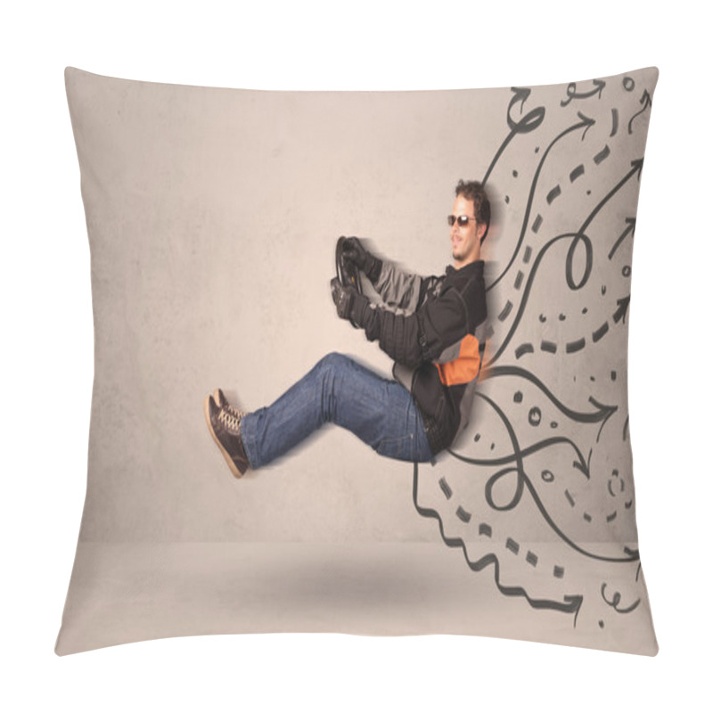 Personality  Funny Man Driving A Flying Vehicle With Hand Drawn Lines After H Pillow Covers