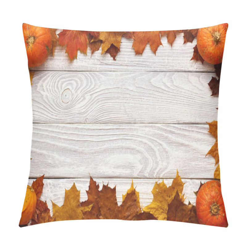 Personality  Autumn Leaves And Pumpkins Over Old Wooden Background  Pillow Covers