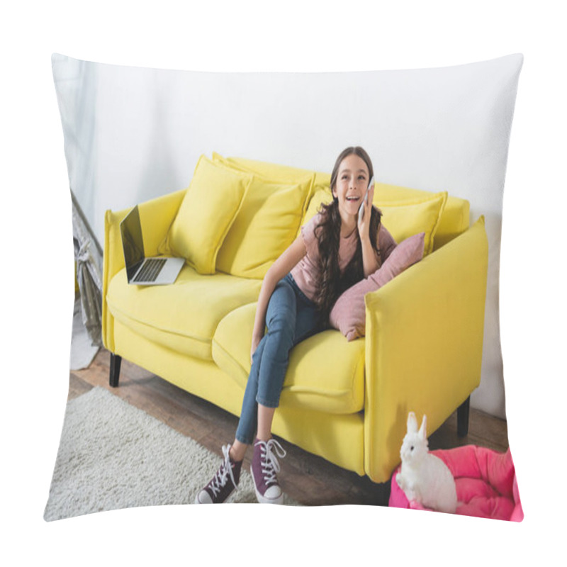 Personality  Preteen Girl Smiling While Talking On Smartphone In Living Room  Pillow Covers