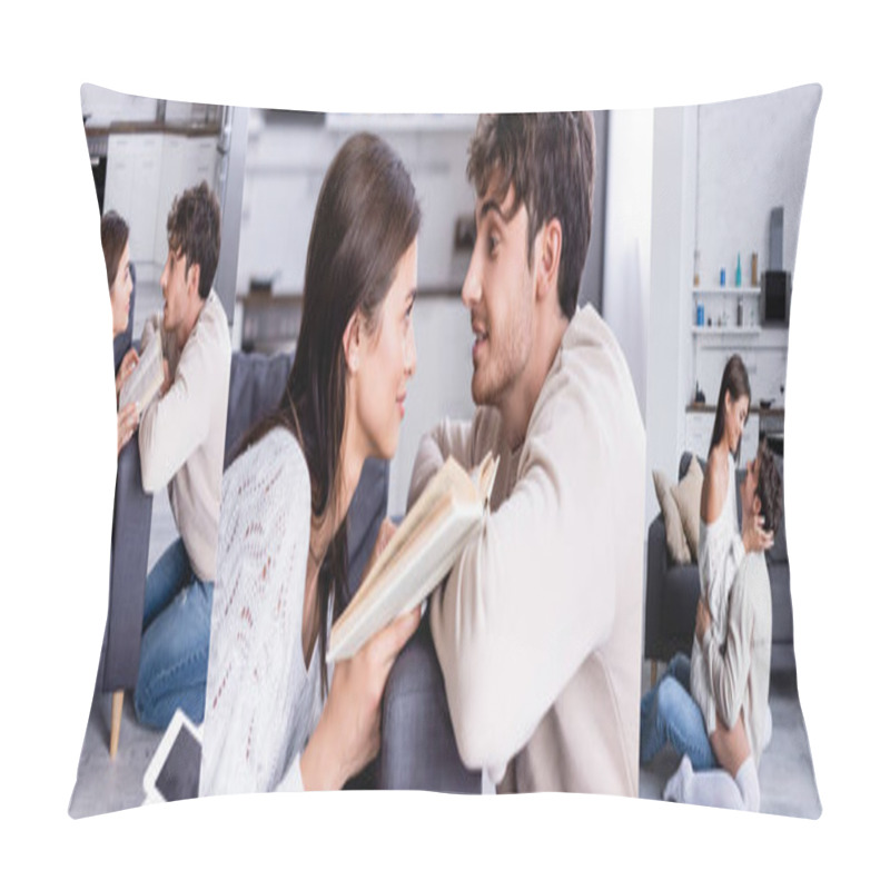 Personality  Collage Of Smiling Couple Hugging And Reading Book On Couch At Home, Banner Pillow Covers