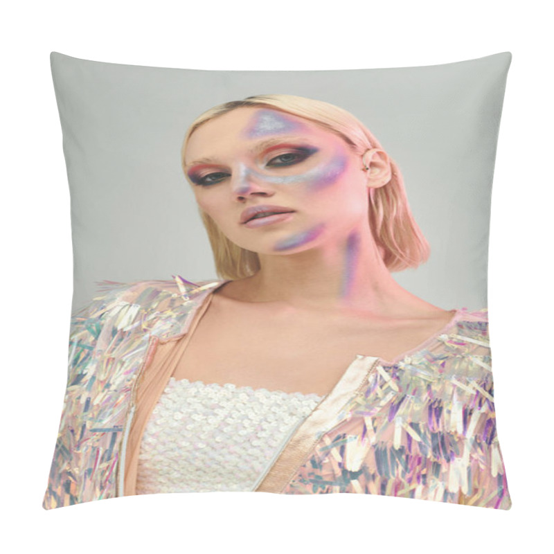 Personality  A Radiant Young Woman Showcases Her Holographic Outfit With A Playful Expression. Pillow Covers