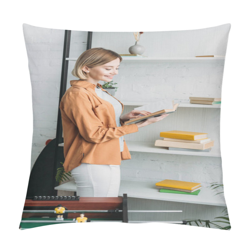 Personality  Beautiful Girl Reading Book While Standing By Shelving Rack Pillow Covers