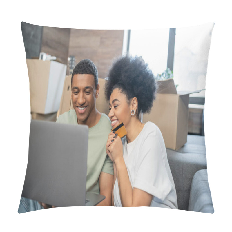 Personality  Positive African American Couple Using Laptop And Credit Card During Relocation In New House Pillow Covers