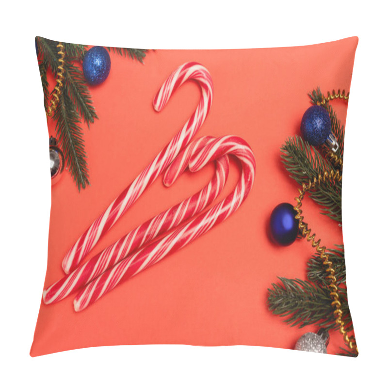 Personality  Top View Of Decorated Christmas Tree And Candy Canes On Red Background Pillow Covers