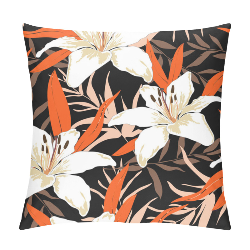 Personality  Blossom Floral Seamless Pattern. Lily Flowers With Branches And Leaves Scattered Random. Trendy Abstract Vector Texture. Good For Fashion Prints, Fabric, Design. Hand Drawn Flowers On Black Background Pillow Covers