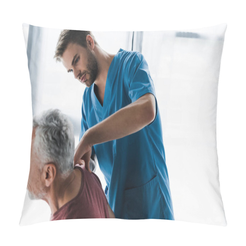 Personality  Selective Focus Of Handsome Doctor Touching Shoulder Of Man  Pillow Covers