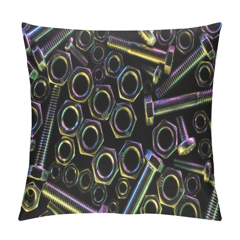 Personality  Top View Of Scattered Steel Bolts And Nuts Isolated On Black Pillow Covers