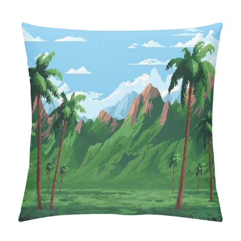 Personality  8 Bit Pixel Art Game, Tropic Jungle Forest Landscape With Palms, Cartoon Vector Background. Arcade Video Game Level Map Or GUI Interface With 8bit Pixel Jungle Mountains And Green Tropical Valley Pillow Covers